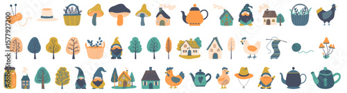 Charming hand-drawn elements evoke a whimsical, folksy feel, perfect for designs requiring nature, farmhouse, gnome, or chicken themes and rustic charm.