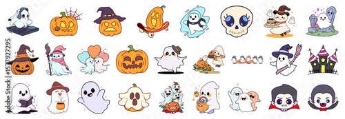 A delightful collection of spooky Halloween cartoons features cute ghosts, grinning pumpkins, and other charming holiday characters.