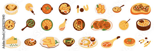 Delightful assortment of Spanish tapas dishes in a flat design, showcasing traditional cuisine and culinary excellence in a clean aesthetic.