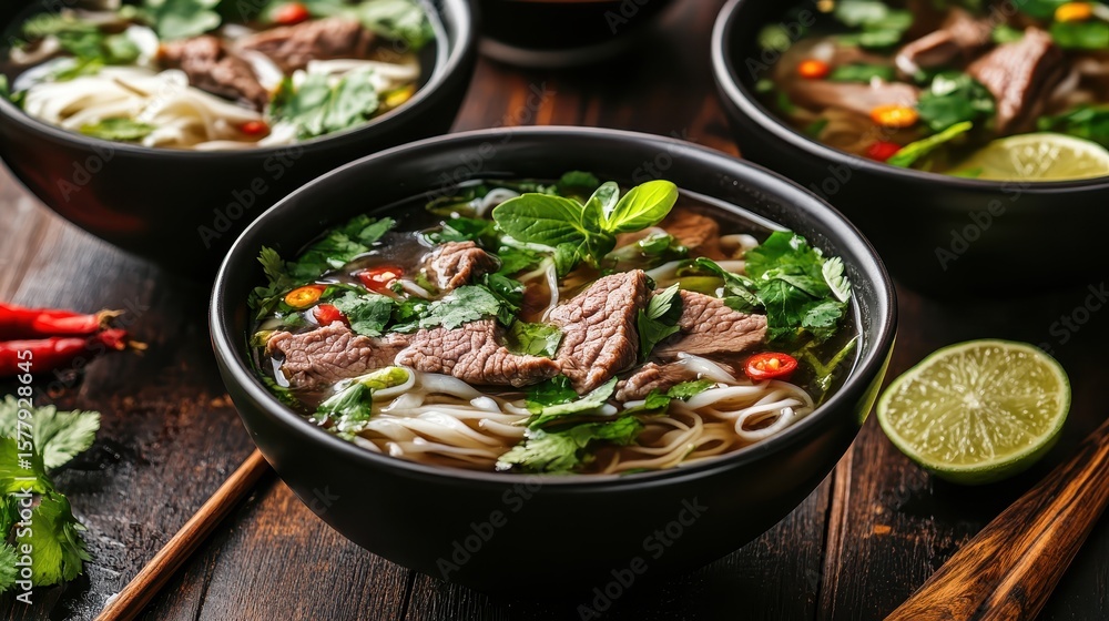 Savory Asian Noodle Soup with Fresh Herbs and Spicy Garnish Savory Asian Noodle Soup with Fresh Herbs and Spicy Garnish