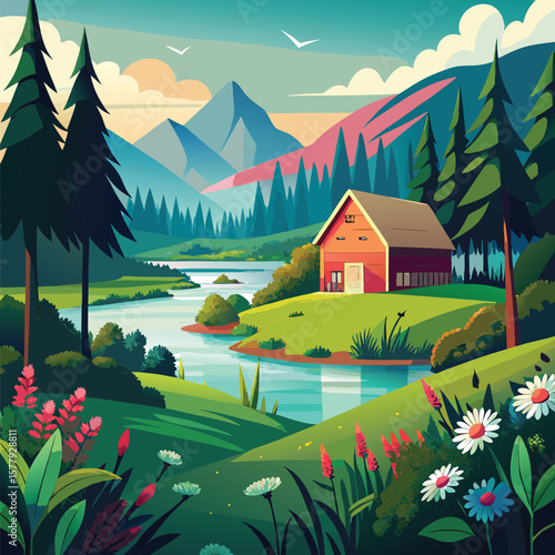 Herbal Tea Steam Aromatics Serene Lakeside Cabin nestled in a vibrant mountain landscape, surrounded by lush greenery and wildflowers.