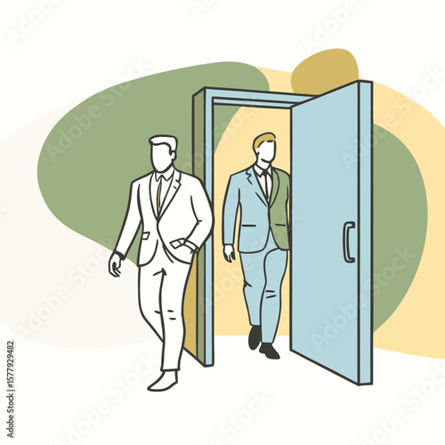 a minimalist line drawing of two businessmen. One businessman is walking through a doorway, while the other stands holding the door open