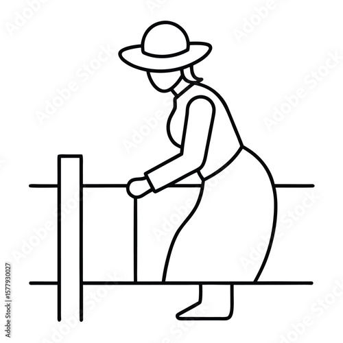 a single-line drawing of a woman wearing a hat and work clothes. She is kneeling and appears to be working on a metal fence or railing
