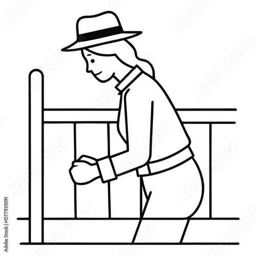 a single-line drawing of a woman wearing a hat and work clothes. She is kneeling and appears to be working on a metal fence or railing