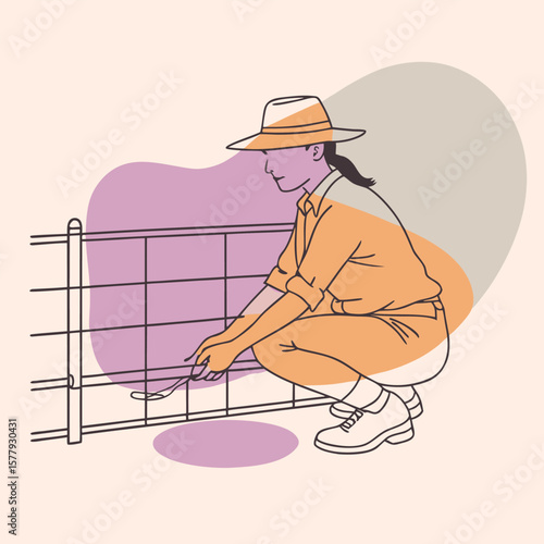 a single-line drawing of a woman wearing a hat and work clothes. She is kneeling and appears to be working on a metal fence or railing