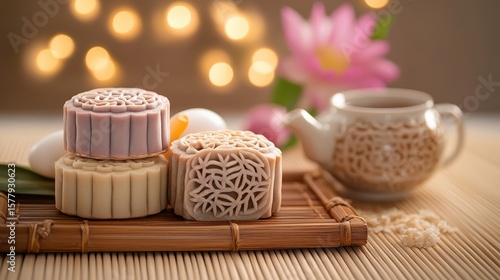 Wallpaper Mural Elegant Mooncakes on Bamboo Tray with Teapot and Flowers Torontodigital.ca