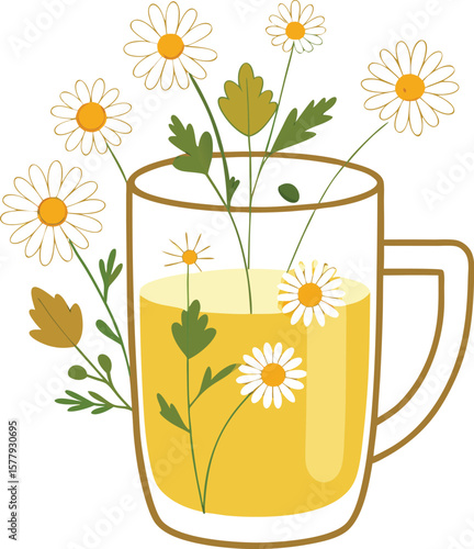 Cold Pressed Juice Variations Refreshing Chamomile Tea in a Glass Mug with Blooming Flowers, Herbal Infusion, Botanical Illustration
