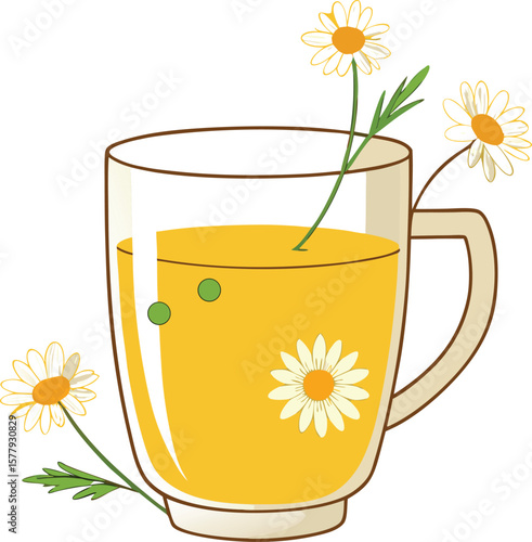 Functional Wellness Beverages Refreshing Chamomile Tea in a Glass Mug with Daisies, Herbal Drink Illustration, Healthy Beverage Concept