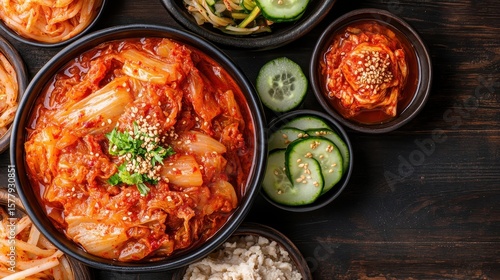 Wallpaper Mural Spicy Kimchi Bowl with Fresh Sides and Garnish on Wooden Table Torontodigital.ca