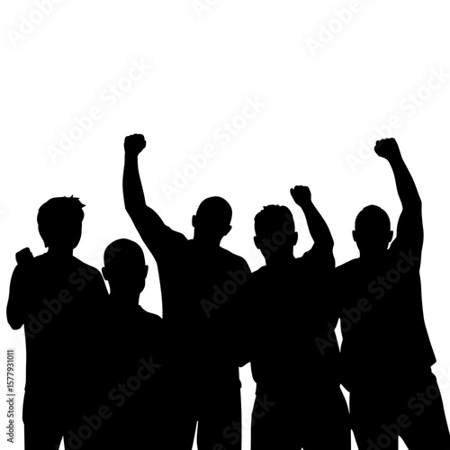 Group of people raising fists in celebration on white background  