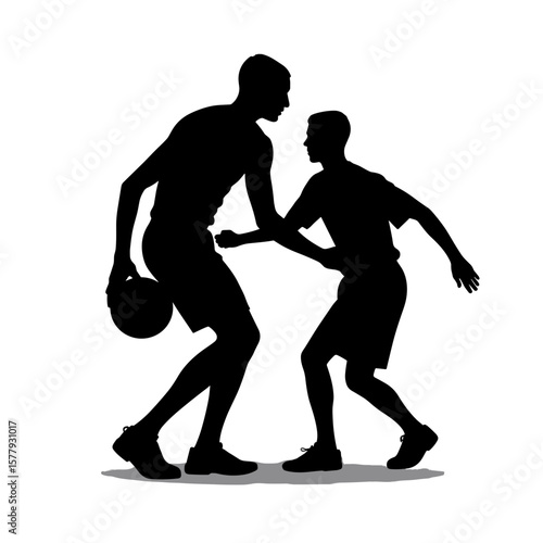 Two basketball players competing in a silhouette style concept  