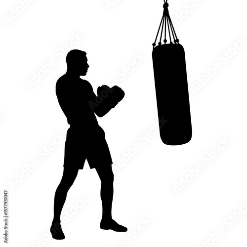 Boxer practicing with punching bag silhouette  