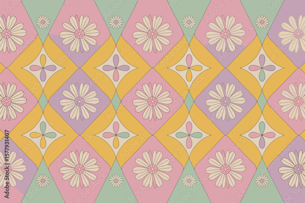 Fototapeta premium A retro floral pattern with daisies and geometric shapes in pastel colors creating a wallpaper design