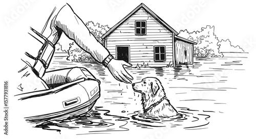 Flood in summer engraving – black and white sketch of a rescue scene: a rescuer reaching out to a dog in the water on a flooded road