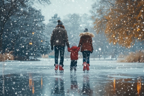 A young couple taking their children ice skating on a frozen lake, snowflakes falling gently