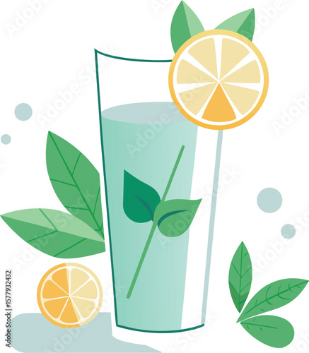 Smoothie Bowl Graphic Presentations Refreshing Lemonade Drink with Lemon Slices and Mint Leaves in Glass, Summer Beverage Illustration