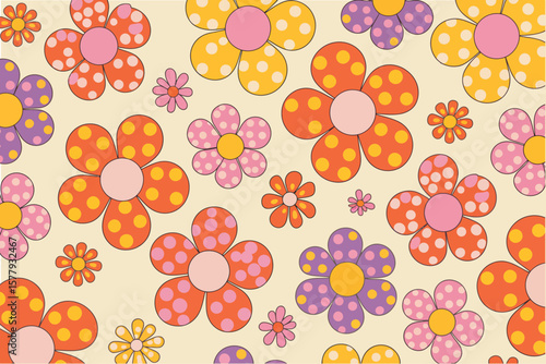 Retro flower power pattern with orange yellow pink and purple flowers on a cream colored background