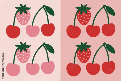 A pattern of strawberries and cherries in pink and red tones on a split background design style