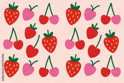 A repeating pattern of strawberries and cherries with pink and red colors on a light pink background