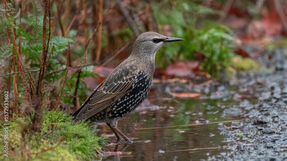 Fototapeta premium Starling by a puddle in autumn foliage