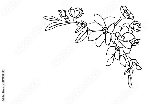 Floral corner frame, one line drawing vector illustration.