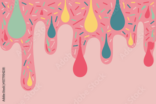Illustration of dripping pink substance with colorful sprinkles and teardrop shapes on pink background