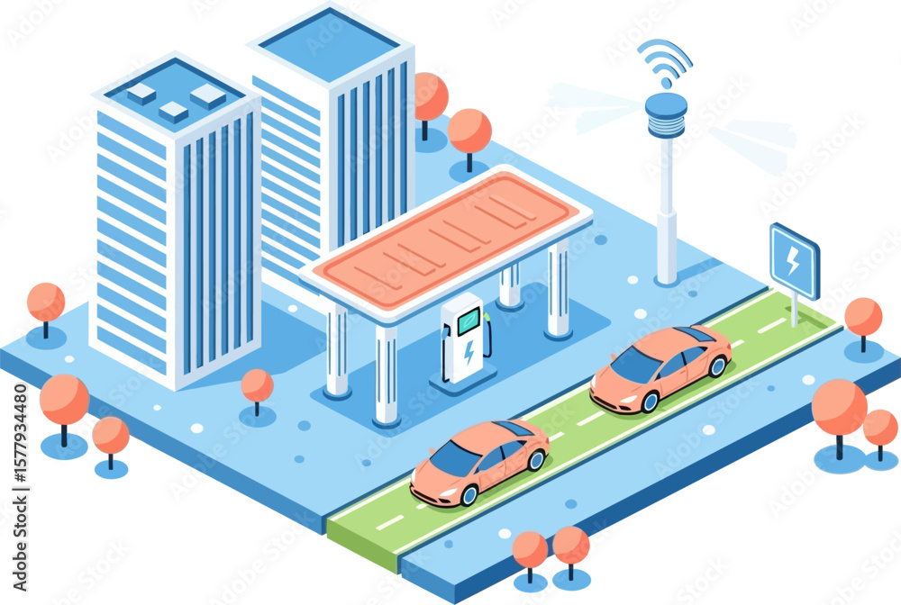 Electric vehicle charging station isometric illustration for ev infrastructure Electric vehicle charging station isometric illustration for ev infrastructure