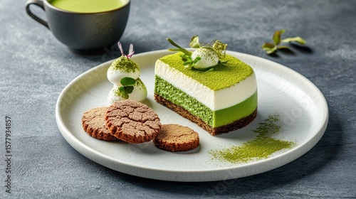 Delicious Matcha Cake with Cookies and Cream on Plate Presentation