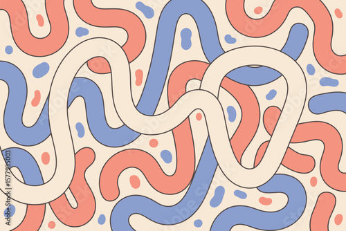 A playful pattern of intertwined lines in pastel colors on a light beige background with small dots scattered