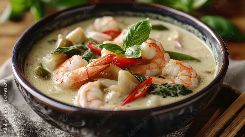 Fresh Shrimp Coconut Curry with Vegetables and Herbs in Bowl Fresh Shrimp Coconut Curry with Vegetables and Herbs in Bowl
