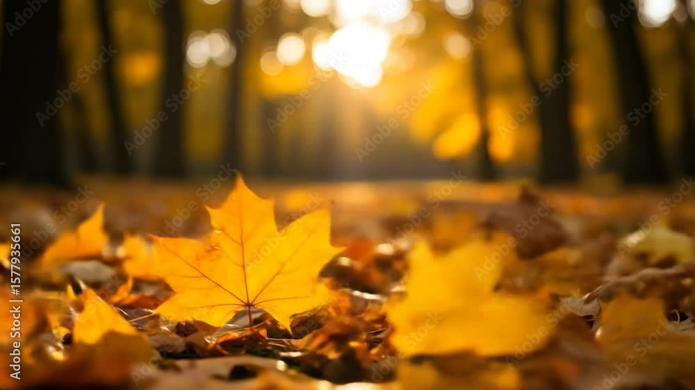 Autumn leaf on forest floor, sunlit trees background, nature wallpaper Autumn leaf on forest floor, sunlit trees background, nature wallpaper