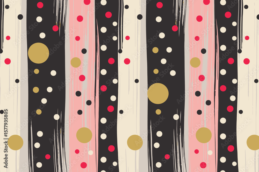 Abstract pattern with vertical stripes and polka dots in pink black gold white and red colors
