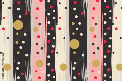 Abstract pattern with vertical stripes and polka dots in pink black gold white and red colors