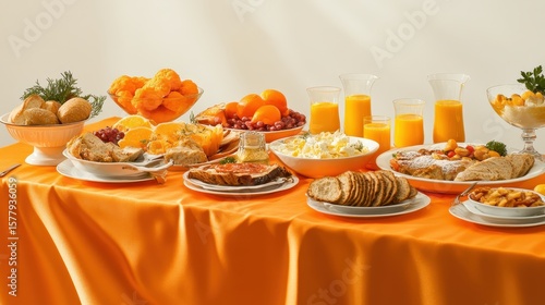 Vibrant Breakfast Spread with Fruits and Juices on Orange Tablecloth