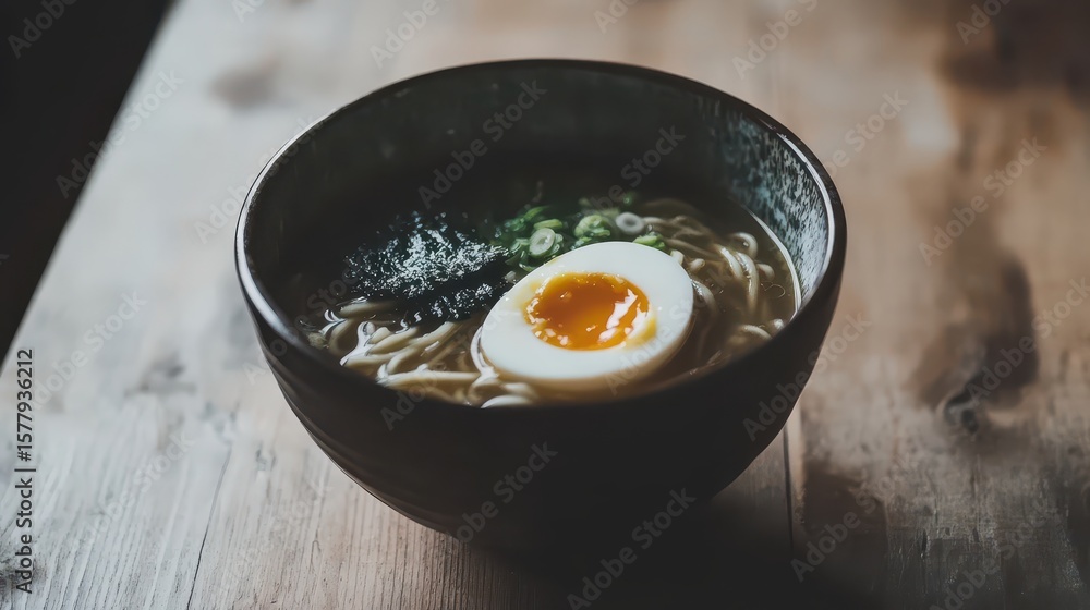 Delicious Ramen Noodle Bowl with Egg and Green Onions Delicious Ramen Noodle Bowl with Egg and Green Onions