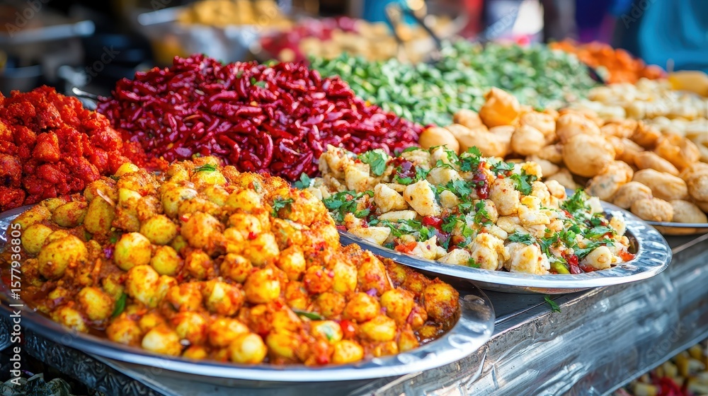 Obraz premium Vibrant Indian Street Food Spread with Snacks and Spices Displayed