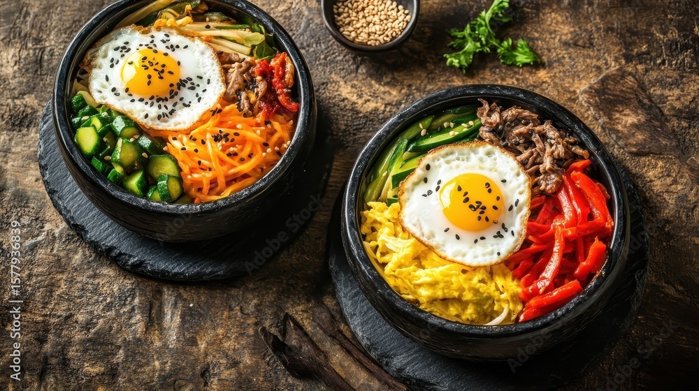 Vibrant Korean Bibimbap Bowls with Fresh Vegetables and Egg Vibrant Korean Bibimbap Bowls with Fresh Vegetables and Egg