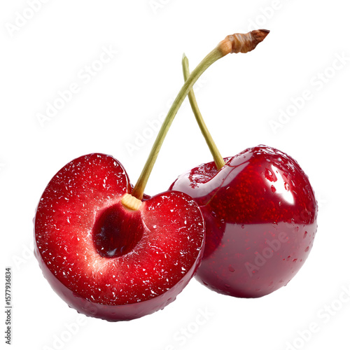 Close up of a ripe red cherry cut in half showing juicy interior with water droplets isolated on transparent background