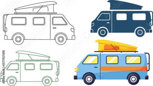 Camper van vector illustration set for travel and adventure design projects