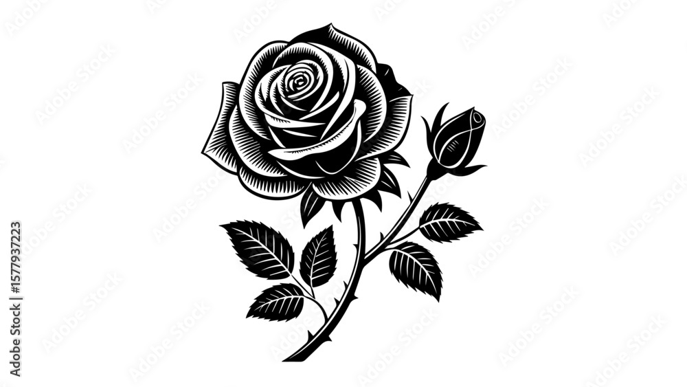 Obraz premium Line Art Rose and Bud in Engraved Tattoo Style – Vector Floral Illustration