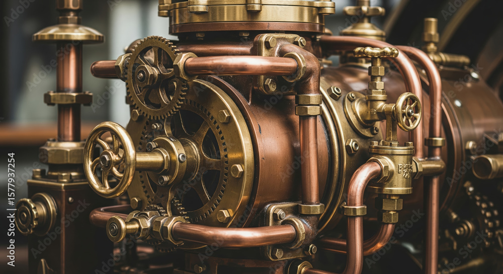 Steampunk machine detail with copper and brass pipes, gears and valves in a vintage industrial style
Steampunk machine detail with copper and brass pipes, gears and valves in a vintage industrial style