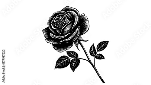 Vintage Black Ink Rose with Curved Stem and Leaves – Hand Drawn Vector
