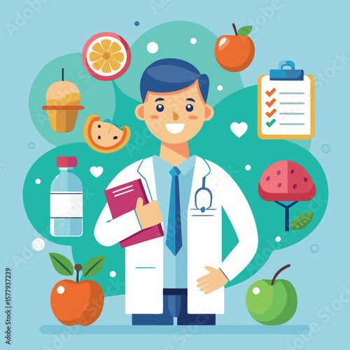 A cheerful doctor with healthy foods promoting wellness and a balanced nutritious diet plan illustration.