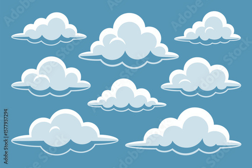 Cartoon illustration of several white clouds floating in a blue sky on a bright sunny day today