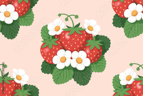 A pattern of strawberries with white flowers and green leaves on a light pink background vector art