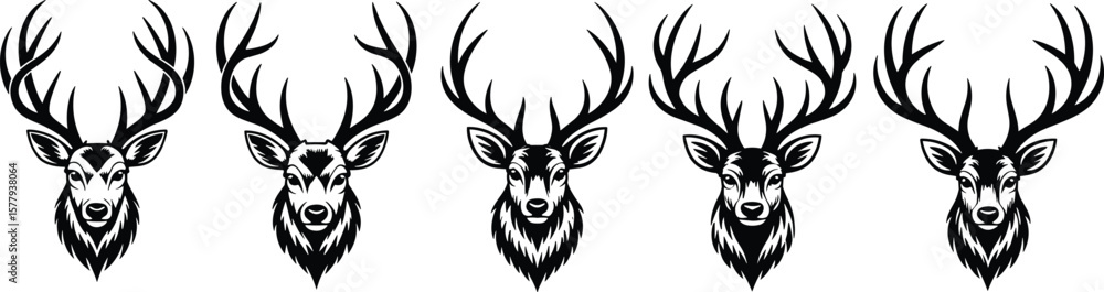 Naklejka premium Majestic deer head vector art, nature illustration, wildlife design, antlers artwork, black and white graphic, forest animal clipart