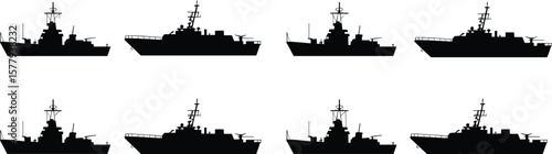 Naval warship silhouette vector, oceanic military vessel collection, defense fleet illustration, sea combat icon set, maritime graphic design