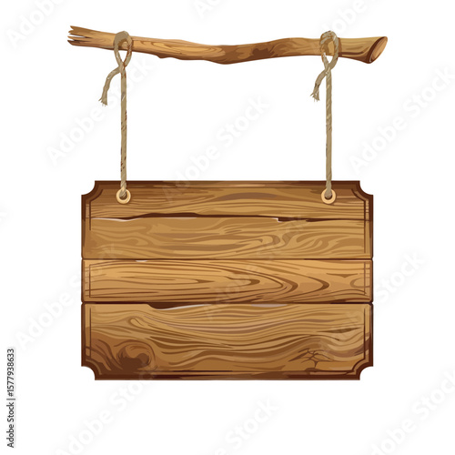 Rustic wooden hanging signboard with empty vintage wood plank vector on white background