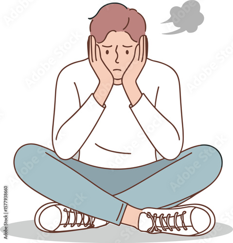 Sad person illustration, mental health awareness artwork, stress anxiety emotion, isolated pose clipart, depression concept vector, emotional expression design