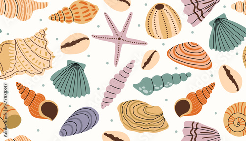 Seamless pattern with various sea shell and tiny dot in messy order in flat cartoon style.